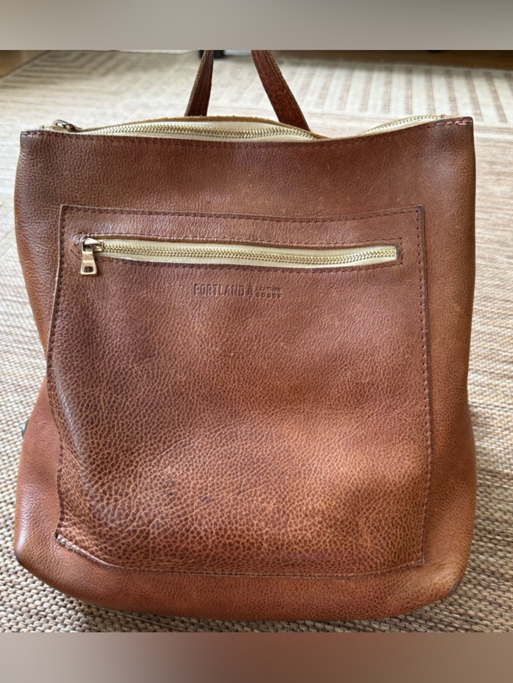Portland Leather Goods Classic Backpack Pebbled Brown Leather Zip Adjustable.